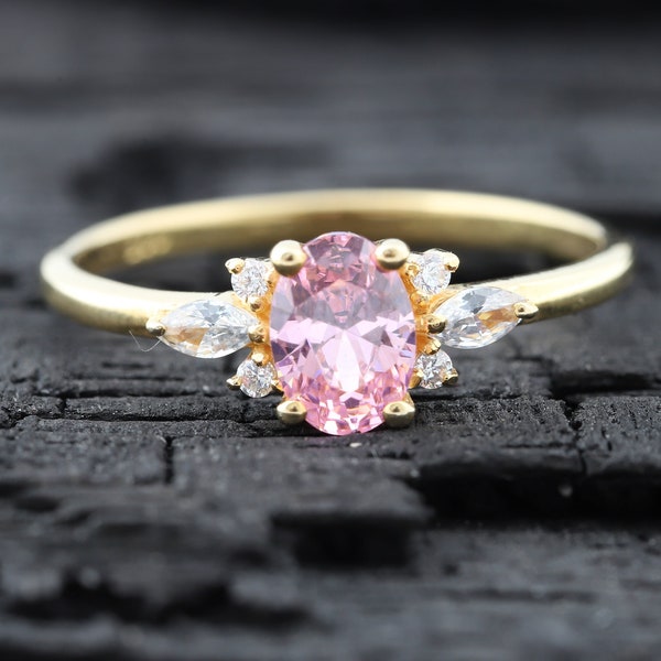 Lab Grown Oval Cut Pink Sapphire Engagement Ring 14K Yellow Gold Ring Halo Cluster Diamond Ring Art Deco Vintage Promise Jewelry Gift ForHer
