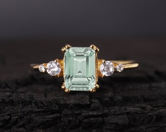 Anillo de piedras preciosas de amatista verde Anillo de diamantes de oro de 14 k Promesa Compromiso de racimo Joyería Regalo de aniversario Piedra natal de febrero Anillo personalizado