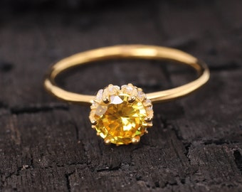 14k Solid Gold Round Citrine Anniversary Ring for Women Dainty Minimalist Bridal Engagement Jewelry November Birthstone Yellow Gemstone Ring