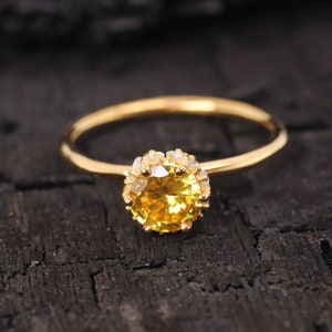 14k Solid Gold Round Citrine Anniversary Ring for Women Dainty Minimalist Bridal Engagement Jewelry November Birthstone Yellow Gemstone Ring