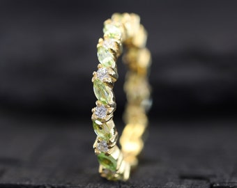 Green Peridot Gemstone Band Full Eternity Marquise Cut Band Dainty Diamond Promise Ring August Birthstone Matching Band Gift For Girlfriend