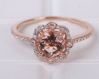 Vintage Morganite Halo Ring Pink Gemstone Engagement Ring Solitaire Promise Ring 18k Rose Gold Wedding Jewelry Anniversary Gift For Women