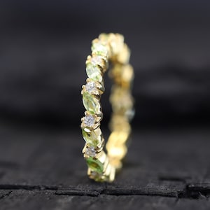 Green Peridot Gemstone Band Full Eternity Marquise Cut Band Dainty Diamond Promise Ring August Birthstone Matching Band Gift For Girlfriend