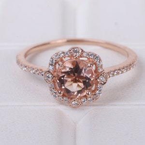 Vintage Morganite Halo Ring Pink Gemstone Engagement Ring Solitaire Promise Ring 18k Rose Gold Wedding Jewelry Anniversary Gift For Women