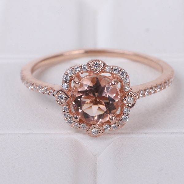 Vintage Morganite Halo Ring Pink Gemstone Engagement Ring Solitaire Promise Ring 18k Rose Gold Wedding Jewelry Anniversary Gift For Women