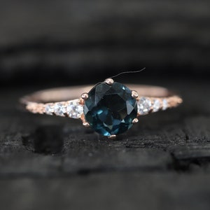 Dainty Teal Sapphire Bridal Ring, Rose Gold Plated Statement Ring, Unique Art Deco Jewelry, Simple Promise Ring, Anniversary Gift For Wife