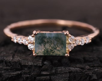 Baguette Cut Green Moss Agate Ring 14k Rose Gold Unique Engagement Ring Dainty Moissanite Cluster Ring Wedding Anniversary Ring Gift For Mom