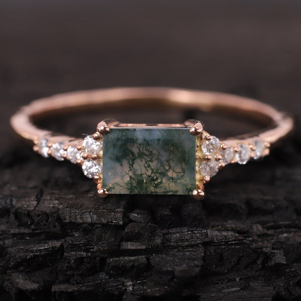 Baguette Cut Green Moss Agate Ring 14k Rose Gold Unique Engagement Ring Dainty Moissanite Cluster Ring Wedding Anniversary Ring Gift For Mom