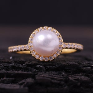 Flower Akoya Pearl Engagement Ring Solid Gold Halo Diamond Ring Vintage Wedding Ring June Birthstone Jewelry Bridal Promise Ring Gift ForHer