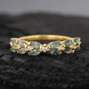 Marquise Cut Moss Agate Band Antique Promise Jewelry 14k Solid Gold Eternity Matching Band Diamond Wedding Ring Anniversary Gift For Women