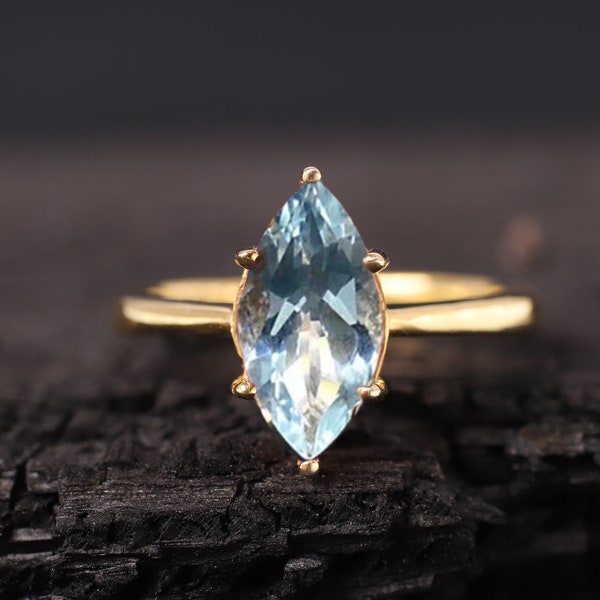 Aquamarine Engagement Ring 14k Solid Gold Promise Delicate Ring Anniversary Gift For Her Marquise Cut Art Deco Jewelry March Birthstone
