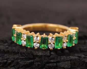 Baguette Green Emerald Wedding Band, Half Eternity Diamond Band, Matching Band, 14K Solid Gold, May Birthstone, Anniversary Gift