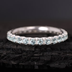 925 Sterling Silver Aquamarine Band Wedding Eternity Band Matching Stackable Ring Women Promise Jewelry March Birthstone Bridesmaid Gift