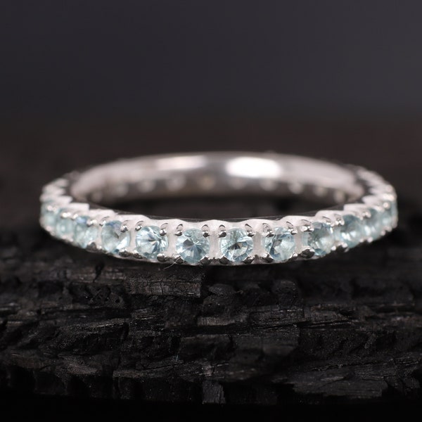 925 Sterling Silver Aquamarine Band Wedding Eternity Band Matching Stackable Ring Women Promise Jewelry March Birthstone Bridesmaid Gift