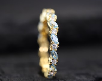 Blue Aquamarine Eternity Band Dainty Minimalist Band Bridesmaid Silver Jewelry Wedding Diamond Band Match Birthstone Promise Gift For Wife