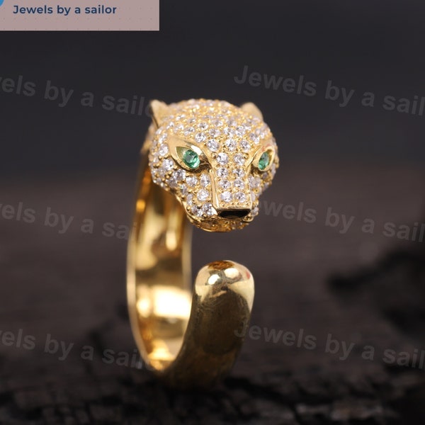 18k Solid Gold Panther Animal Tiger Leopard Jaguar Crystal Women's Emerald Jewelry Moissanite Ring Adjustable Dazzle Birthday Gift for Her