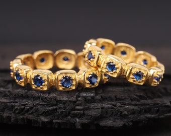 Vintage Sapphire Wedding Band Eternity Handmade Jewelry 18k Gold Promise Birthday Gift Ring September Birthstone Matching Stackable Band