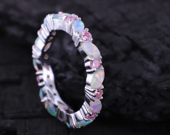 Marquise Fire Opal Eternity Band, Art Deco Matching Girls Band, Tourmaline Pink Gemstone Bridesmaid Gift 18k White Gold Wedding Promise Band