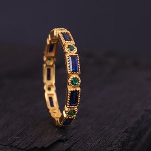 Dainty Sapphire Eternity Ring 14k Solid Gold Baguette Band Ring Emerald Stacking Wedding Band Minimalist Anniversary Gift May Birthstone