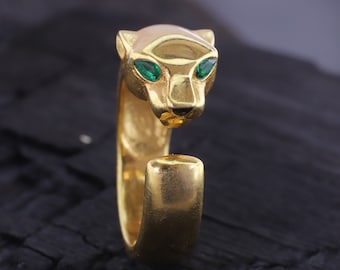 14k Gold Leopard Ring Jaguar Heads Open Ring for Women Pear Emerald Eye Ring Dainty Tiger Puma Jewelry Wedding Vintage Ring Handmade Jewelry