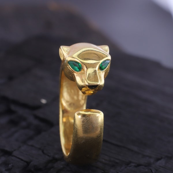 14k Gold Leopard Ring Jaguar Heads Open Ring for Women Pear Emerald Eye Ring Dainty Tiger Puma Jewelry Wedding Vintage Ring Handmade Jewelry