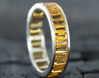 Unique Citrine Wedding Band Full Eternity Matching Ring925 Sterling Silver Channel Set Band Yellow Gemstone Ring Promise Gift For Girlfriend