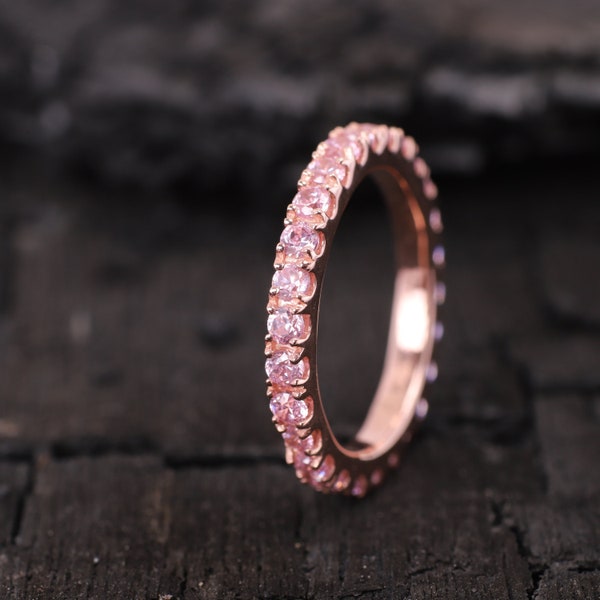 Pink Sapphire Eternity Ring Wedding Stacking Band Light Pink Sapphire Band 18k Rose Gold Anniversary Bridesmaid Gift Women Promise Jewelry
