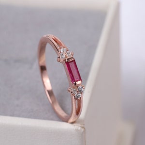 Minimalist Ruby Baguette Ring Cluster Diamond Dainty Wedding Ring 14k Rose Gold Promise Ring Personalized Jewelry For Women Anniversary Gift
