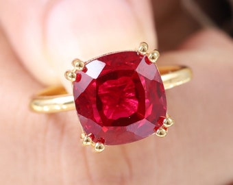 14k Antique Cushion Cut Ruby Ring Elongated Ruby Gemstone Engagement Ring July Birthstone Birthstone Solitaire Handmade Ring Gift For Women