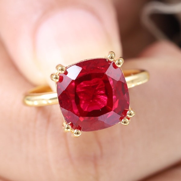 14k Antique Cushion Cut Ruby Ring Elongated Ruby Gemstone Engagement Ring July Birthstone Birthstone Solitaire Handmade Ring Gift For Women