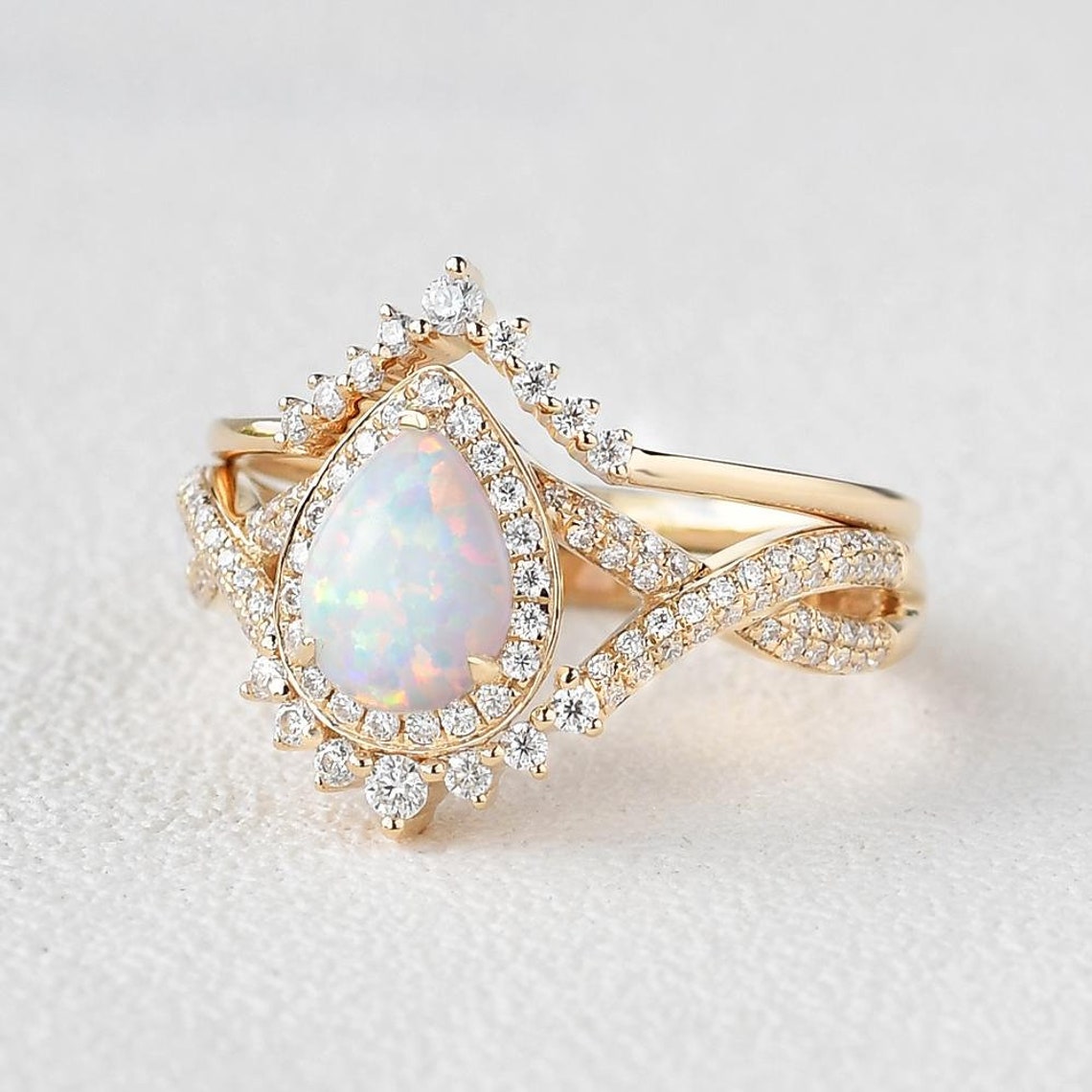 Opal Rose Gold Wedding Wedding Ring Set 14k Rose gold ring CZ | Etsy