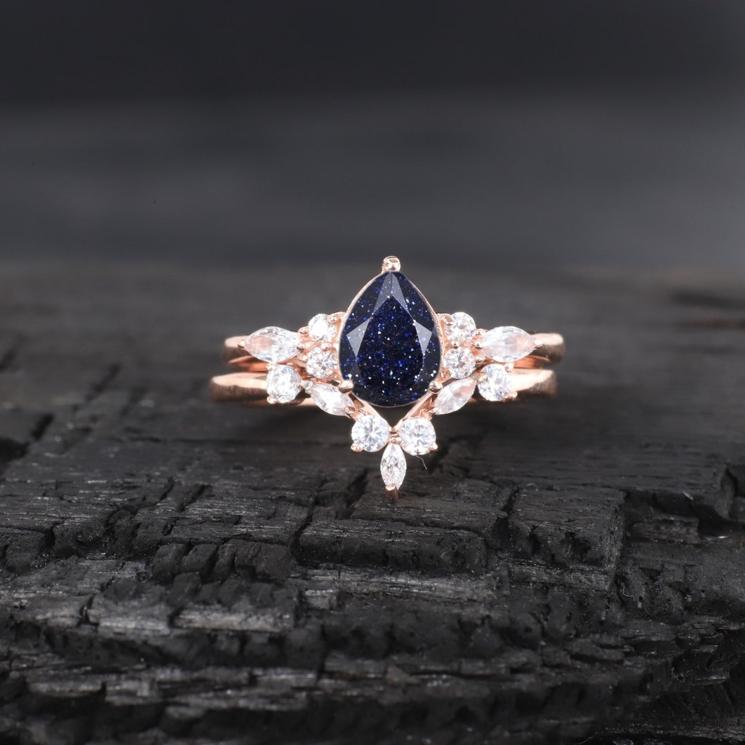 Vintage Sandstone Wedding Ring Set 14k Rose Gold Matching Crown Band ...