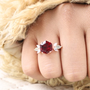 Cluster Garnet Engagement Ring Hexagon Cut Gemstone Bridal Ring Diamond Marquise Agate Floral Ring Women Delicate Jewelry GiftFor Girlfriend image 8