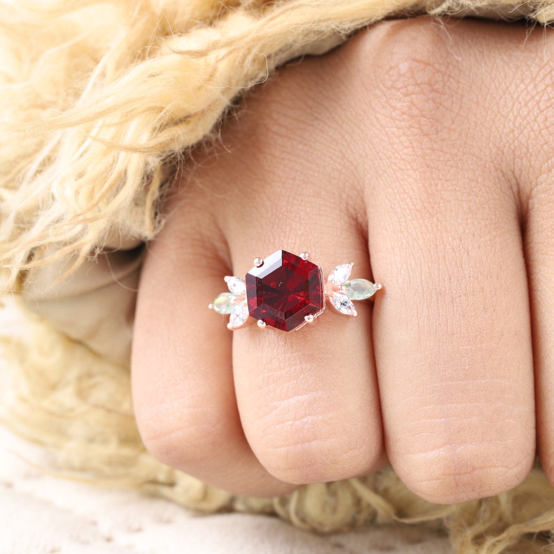 Cluster Garnet Engagement Ring Hexagon Cut Gemstone Bridal Ring Diamond Marquise Agate Floral Ring Women Delicate Jewelry GiftFor Girlfriend image 8