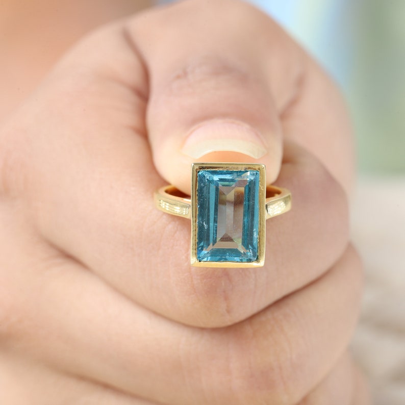 Vintage Aquamarine Wedding Ring Bezel Set Bridal Anniversary Jewelry Solitaire Emerald Cut Gemstone Ring March Birthstone Gift For Husband image 3