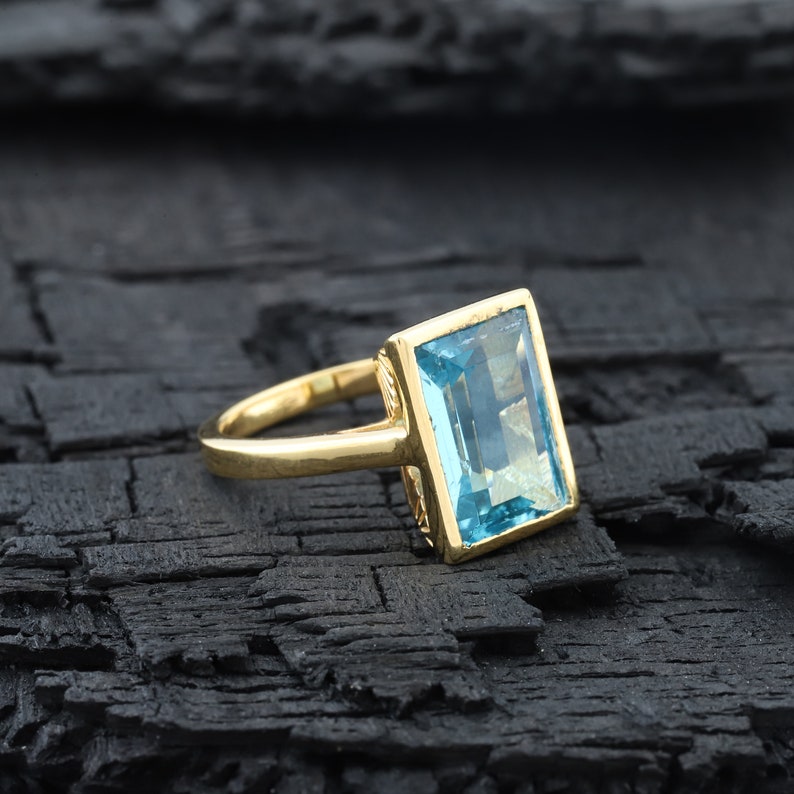 Vintage Aquamarine Wedding Ring Bezel Set Bridal Anniversary Jewelry Solitaire Emerald Cut Gemstone Ring March Birthstone Gift For Husband image 8