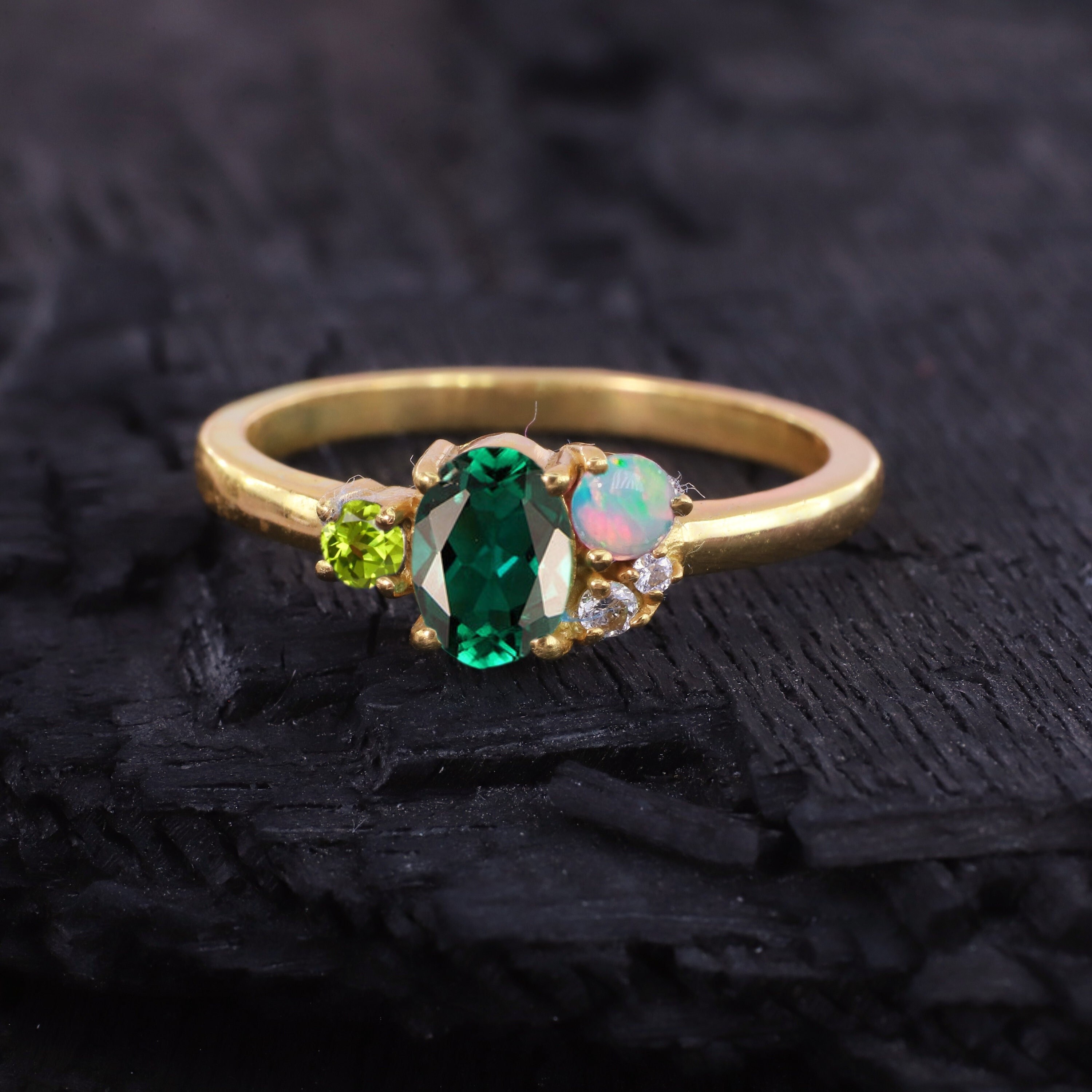 14k Solid Gold Emerald Cluster Ring Multi Stone Opal Peridot - Etsy