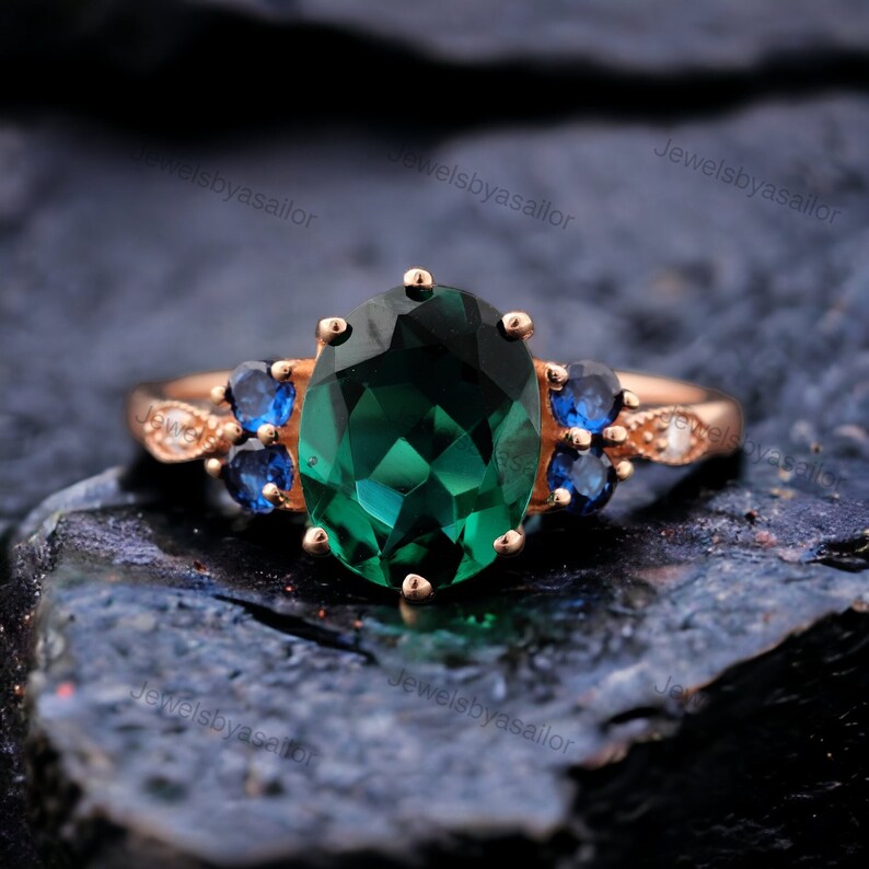 14k Rose Gold Emerald Diamond Ring Dainty Sapphire Cluster Ring Emerald ...