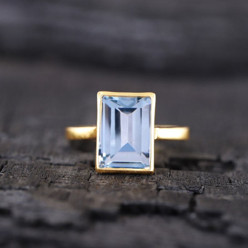 Vintage Aquamarine Wedding Ring Bezel Set Bridal Anniversary Jewelry Solitaire Emerald Cut Gemstone Ring March Birthstone Gift For Husband image 1