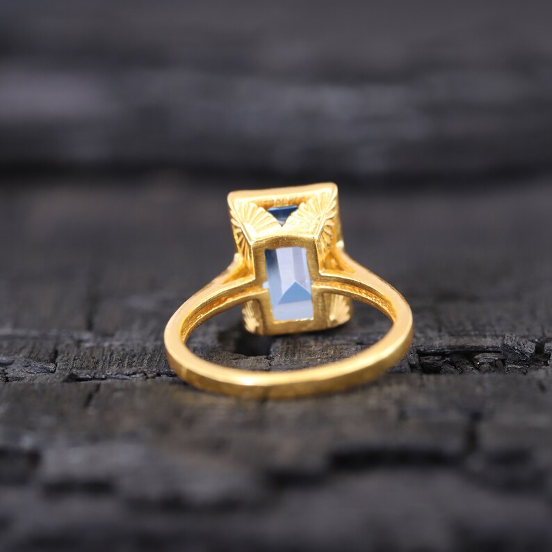 Vintage Aquamarine Wedding Ring Bezel Set Bridal Anniversary Jewelry Solitaire Emerald Cut Gemstone Ring March Birthstone Gift For Husband image 10