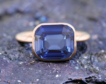 14k Gold Emerald Cut Ceylon Sapphire Ring Royal Blue Gemstone Jewelry Solitaire Engagement Ring September Birthstone Personalized Gifts