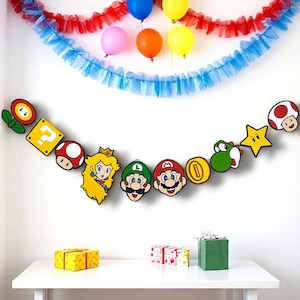 Mario Party Banner – 10 or 30 Cutouts – Super Mario Birthday Garland with Mario , Luigi , Peach , Yoshi , Toad & More