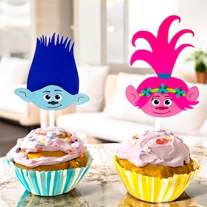 Trolls Cupcake Toppers | Poppy and Branch Birthday Party Decor | Trolls Themed Cake Toppers | Party Supplies