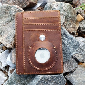 Airtag Wallet Crazy Horse Funda Airtag de cuero genuino Tarjetero delgado para Apple Air tag protector RFID tarjetero airtags cover