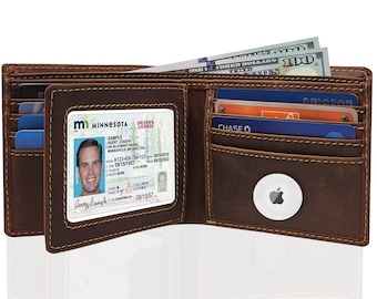 Crazy Horse Leather Airtag Wallet, Slim RFID Credit Card Holder