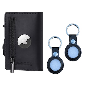 Cartera Airtag y paquete de 2 llaveros Airtag de cuero genuino Estuche Airtag emergente 5-6 Titular de tarjeta de crédito triple para Apple Air tag RFID