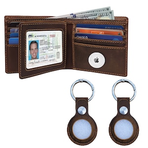 Cartera Airtag y llavero Airtag, paquete de 2, estuche de cuero genuino Crazy Horse para Airtag, tarjetero delgado para Apple Airtag RFID