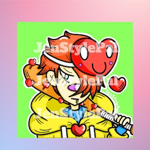 May include: A cartoon character with red hair and a red heart-shaped mask holds a baseball bat with hearts on it. The character is wearing a yellow jacket with a blue shirt underneath. The background is green.