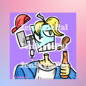 Op de afbeelding: Een cartoonillustratie van een blauwe, groene en gele robot met een rode baseballpet, die een fles bier vasthoudt. De robot heeft een vierkant hoofd met een ontbrekende nek en een wit shirt. De achtergrond is paars.