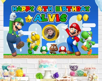 Personalised Super Mario with Picture Birthday Backdrop